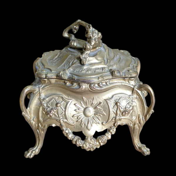 French Antique Gilt Metal Jewellery Box with Tufted Silk Interior