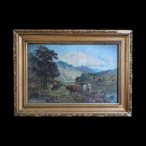 Original 1909 Highland Cattle Oil Painting by C.W. Middleton – Gilt Framed (57.5cm x 43cm)