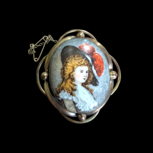 19th Century Victorian Transfer Printed Portrait Brooch in Ornate Pinchbeck Mount
