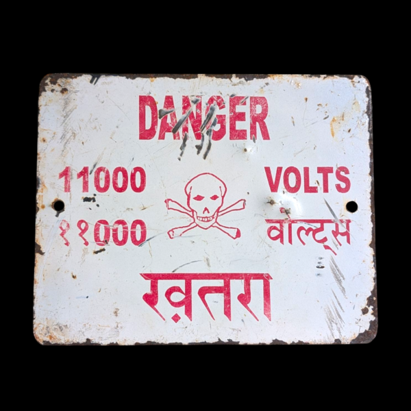 Vintage Enamel Danger Sign – 11000 Volts Bilingual Industrial Plate