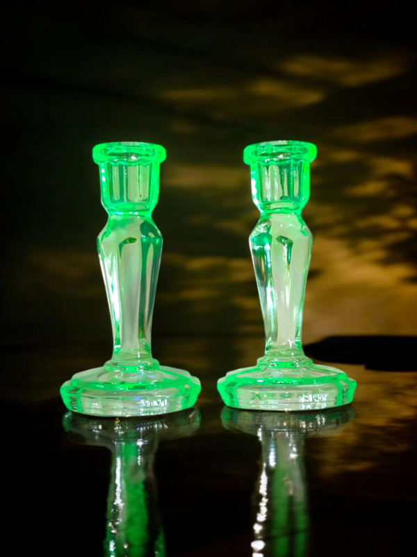 1930's Uranium Glass Candlestick Pair - Image 2