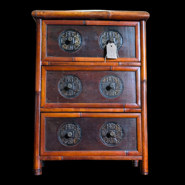 Mid-Century Oriental Three-Drawer Chest with Coin Symbol Carvings - Image 2