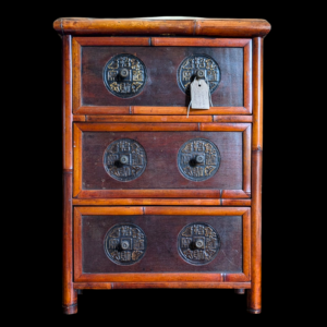 Mid-Century Oriental Three-Drawer Chest with Coin Symbol Carvings