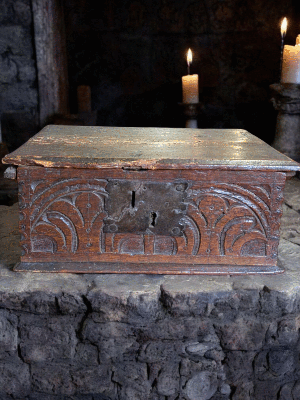 17th Century Carved Oak Document Box with Original Paper Lining - Image 4