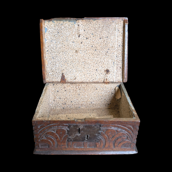 17th Century Carved Oak Document Box with Original Paper Lining - Image 2