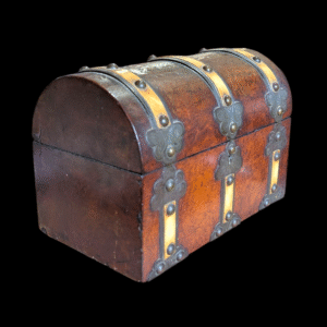 19th Century Walnut Domed Tea Caddy with Original Glass Liner and Decorative Strapping
