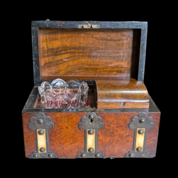 19th Century Walnut Domed Tea Caddy with Original Glass Liner and Decorative Strapping - Image 2