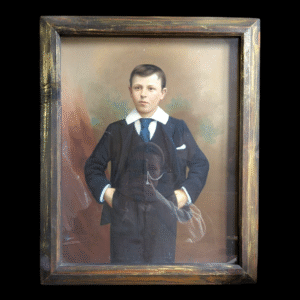 Antique Edwardian Hand-Painted Portrait Photograph of a Boy in Shadow Box Frame