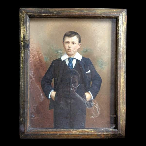 Antique Edwardian Hand-Painted Portrait Photograph of a Boy in Shadow Box Frame