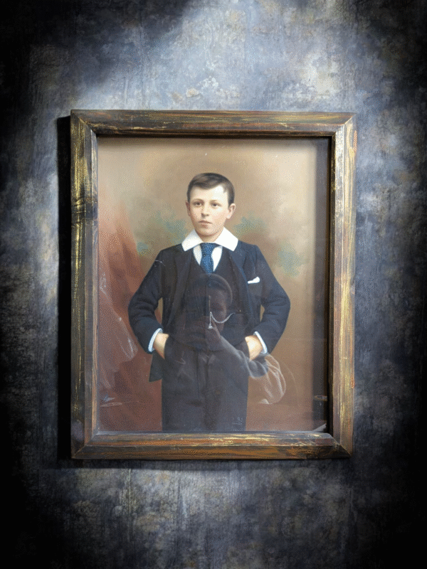 Antique Edwardian Hand-Painted Portrait Photograph of a Boy in Shadow Box Frame - Image 2