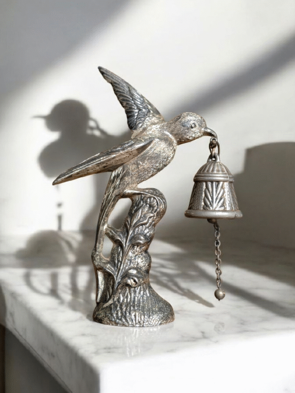 Heavy Silver Plated Bird Table Bell – Ornamental Call Bell With Chain Drop - Image 2