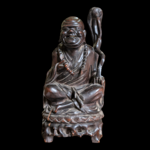 Large Hand-Carved Hardwood Statue of a Laughing Monk With Prayer Beads & Staff