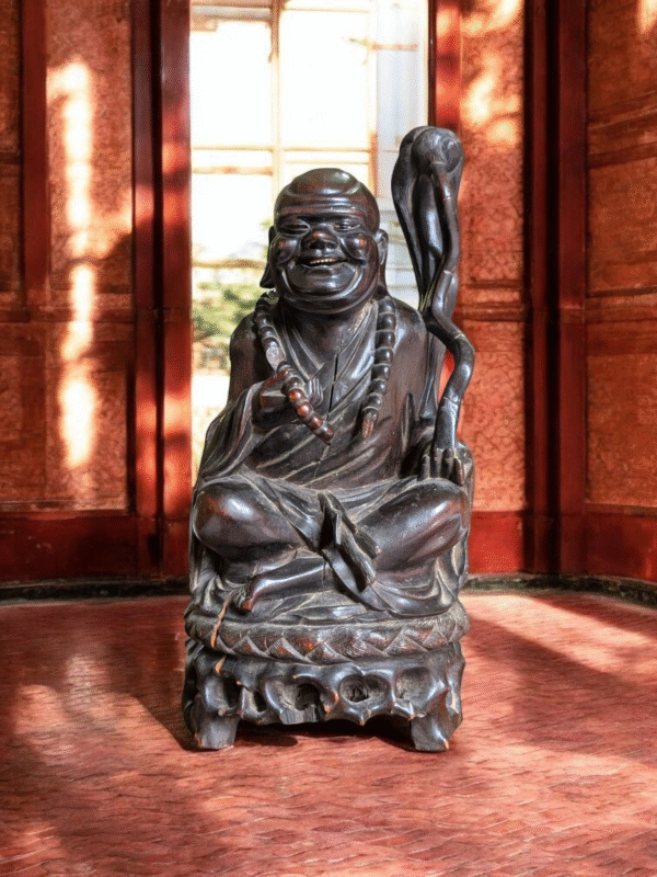 Large Hand-Carved Hardwood Statue of a Laughing Monk With Prayer Beads & Staff - Image 3