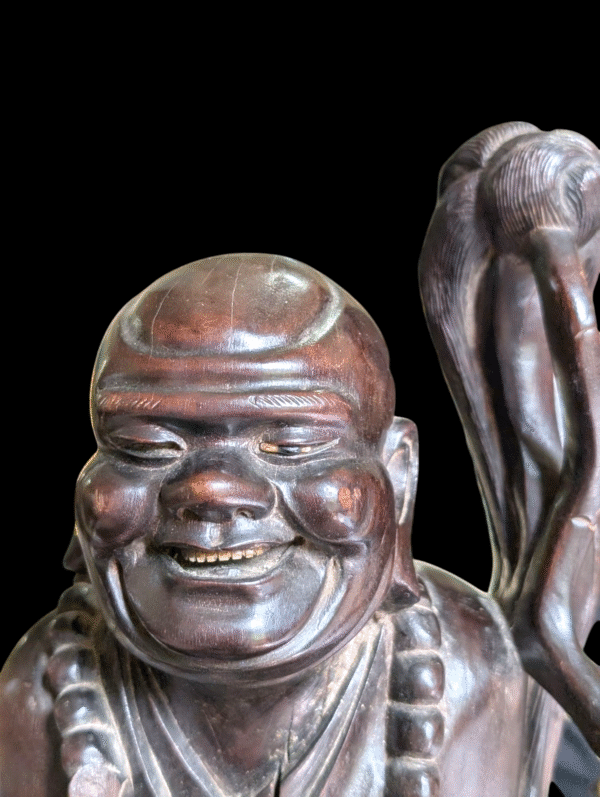 Large Hand-Carved Hardwood Statue of a Laughing Monk With Prayer Beads & Staff - Image 2