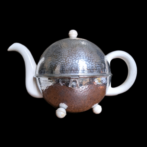 Vintage Ceramic Teapot with Original Hammered Metal Cosy – Ball-Form Design on Bun Feet