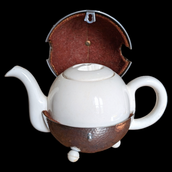 Vintage Ceramic Teapot with Original Hammered Metal Cosy – Ball-Form Design on Bun Feet - Image 2