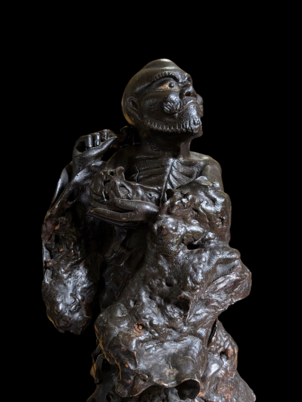 Antique Chinese Hardwood Daoist Immortal Statue on Gnarled Root Base – Luohan Figure - Image 2