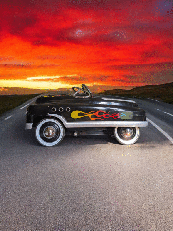 Vintage Black Hot Rod Pedal Car with Flame Decals – Retro Ride-On Toy - Image 4