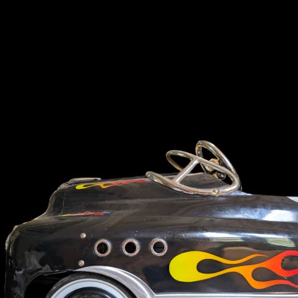Vintage Black Hot Rod Pedal Car with Flame Decals – Retro Ride-On Toy - Image 2