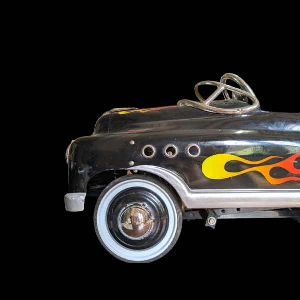 Vintage Black Hot Rod Pedal Car with Flame Decals – Retro Ride-On Toy - Image 3