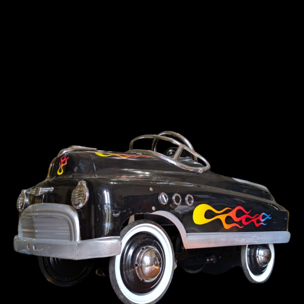 Vintage Black Hot Rod Pedal Car with Flame Decals – Retro Ride-On Toy - Image 5