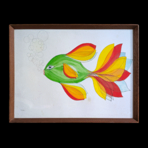 Framed Mid-Century Modern Abstract Fish Painting – Vibrant Original Artwork