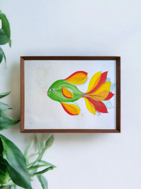 Framed Mid-Century Modern Abstract Fish Painting – Vibrant Original Artwork - Image 2