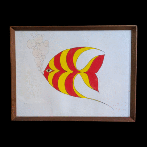 Framed Mid-Century Modern Red & Yellow Striped Fish Painting – Original Retro Artwork