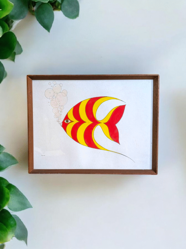 Framed Mid-Century Modern Red & Yellow Striped Fish Painting – Original Retro Artwork - Image 2