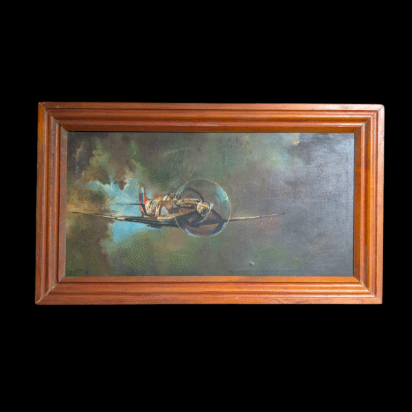 Framed Vintage Oil Painting of WWII Fighter Plane – Signed Aviation Artwork