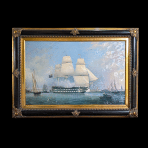 Framed Maritime Lithograph – HMS Revenge Leaving Portsmouth, 1808 – Gilt & Ebonised Frame