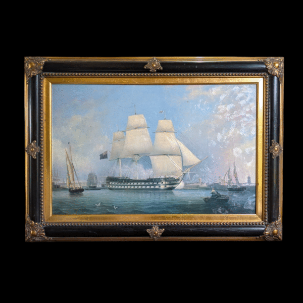 Framed Maritime Lithograph – HMS Revenge Leaving Portsmouth, 1808 – Gilt & Ebonised Frame