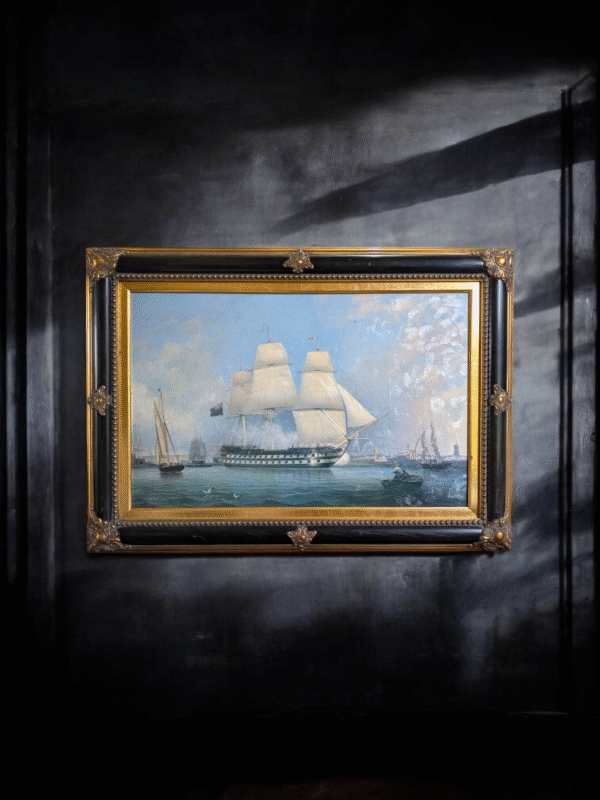 Framed Maritime Lithograph – HMS Revenge Leaving Portsmouth, 1808 – Gilt & Ebonised Frame - Image 2