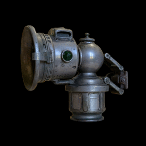 Antique Carbide Bicycle Lamp – Industrial Brass & Steel Lantern with Green Jewel Lens