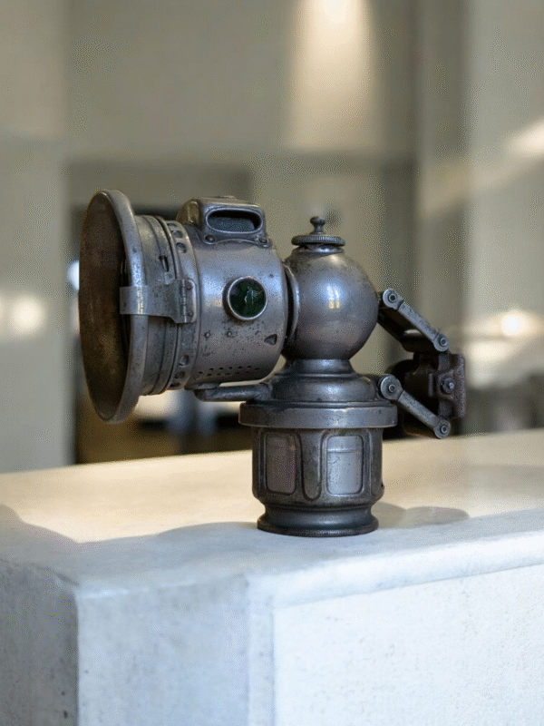 Antique Carbide Bicycle Lamp – Industrial Brass & Steel Lantern with Green Jewel Lens - Image 3
