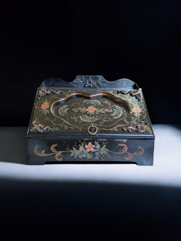 Antique Black Lacquered Hand-Painted Writing Slope – Floral & Basket Motif - Image 2