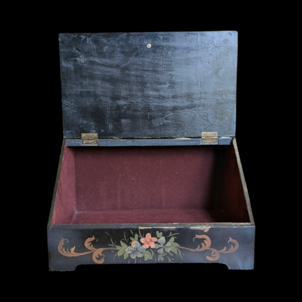 Antique Black Lacquered Hand-Painted Writing Slope – Floral & Basket Motif - Image 3
