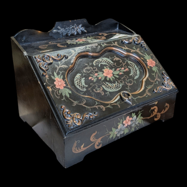 Antique Black Lacquered Hand-Painted Writing Slope – Floral & Basket Motif - Image 4