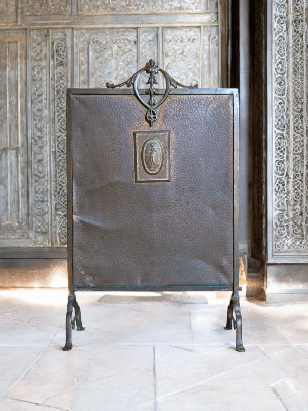 Arts & Crafts Hammered Copper Fire Screen with Heraldic Panel & Wrought Iron Details - Image 3