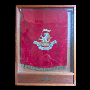Framed Military Flag – "Virtutis Fortuna Comes" Motto with Heraldic Lion and Crown
