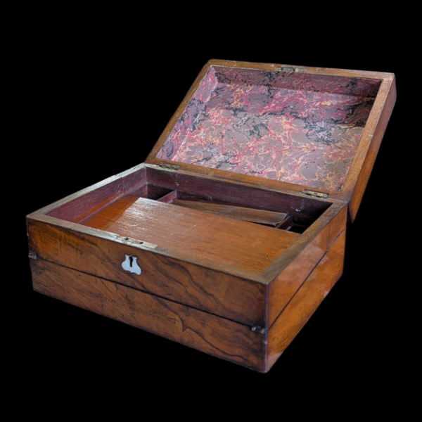 Antique Flame Mahogany Writing Slope With Tooled Leather Interior & Secret Compartments - Image 3