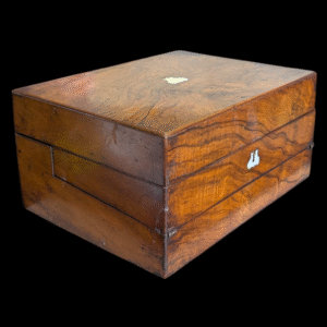 Antique Flame Mahogany Writing Slope With Tooled Leather Interior & Secret Compartments