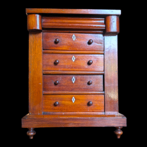 Victorian Panel-Backed Flame Mahogany Miniature Scotch Chest with Bone Inlay