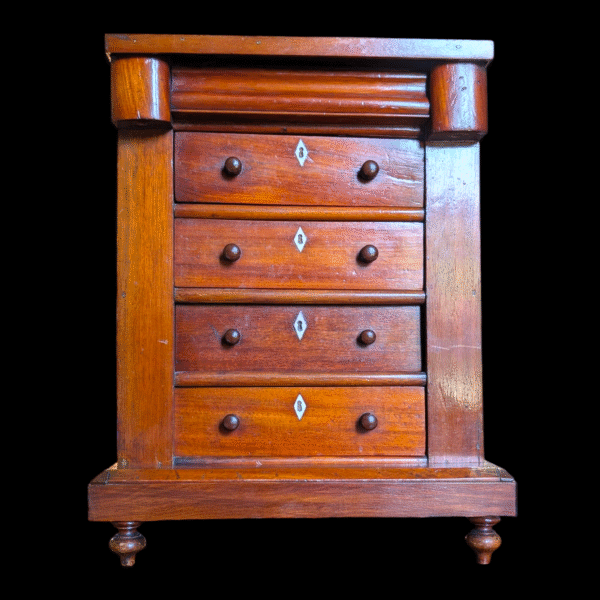Victorian Panel-Backed Flame Mahogany Miniature Scotch Chest with Bone Inlay