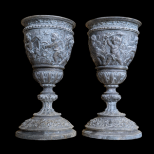 Pair of Antique Victorian Lead Urns with Putti Relief – Decorative Interiors