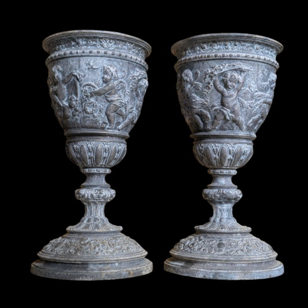 Pair of Antique Victorian Lead Urns with Putti Relief – Decorative Interiors