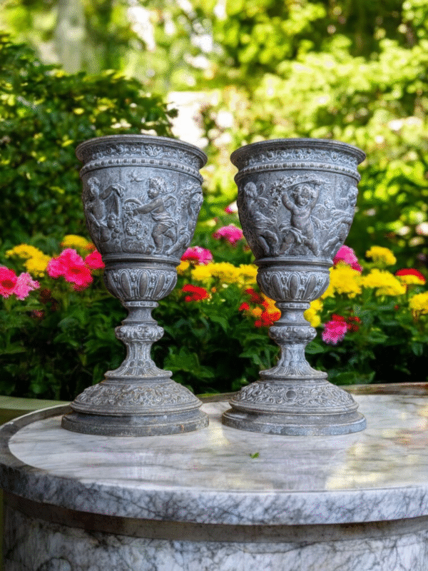 Pair of Antique Victorian Lead Urns with Putti Relief – Decorative Interiors - Image 2