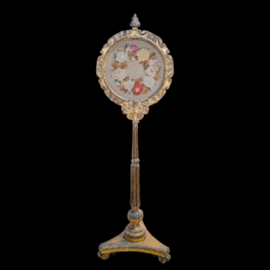 Antique Gilt Gesso Pole Screen with Hand-Stitched Floral Needlepoint – 19th Century English