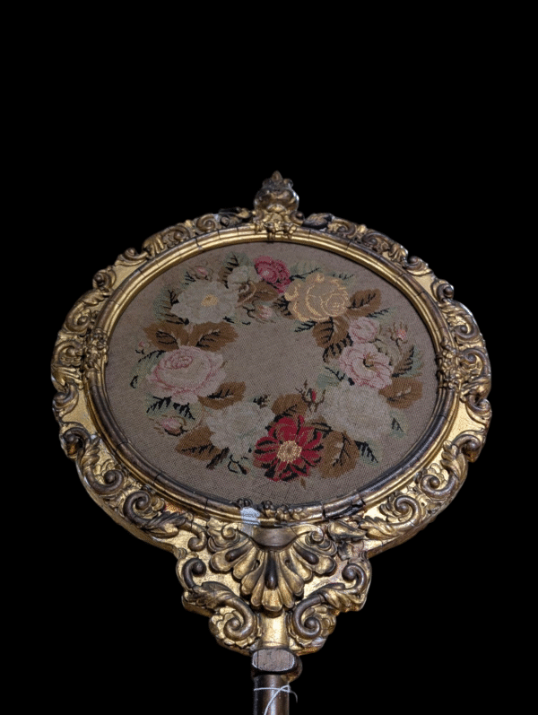 Antique Gilt Gesso Pole Screen with Hand-Stitched Floral Needlepoint – 19th Century English - Image 3