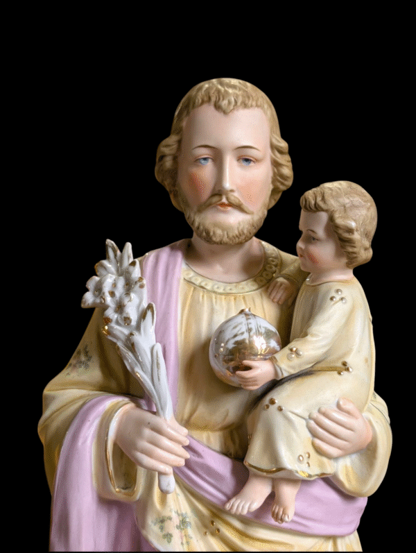 Large Antique Porcelain Statue of St Joseph with Christ Child – Hand-Painted Religious Icon - Image 3